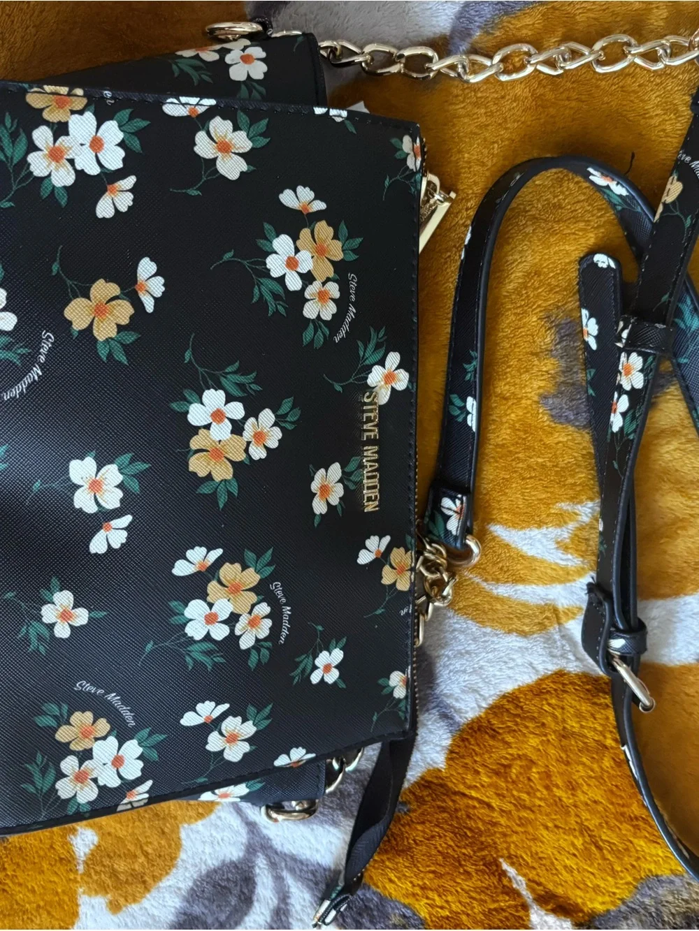 Steve Madden Black Floral Crossbody Bag with Gold Logo
